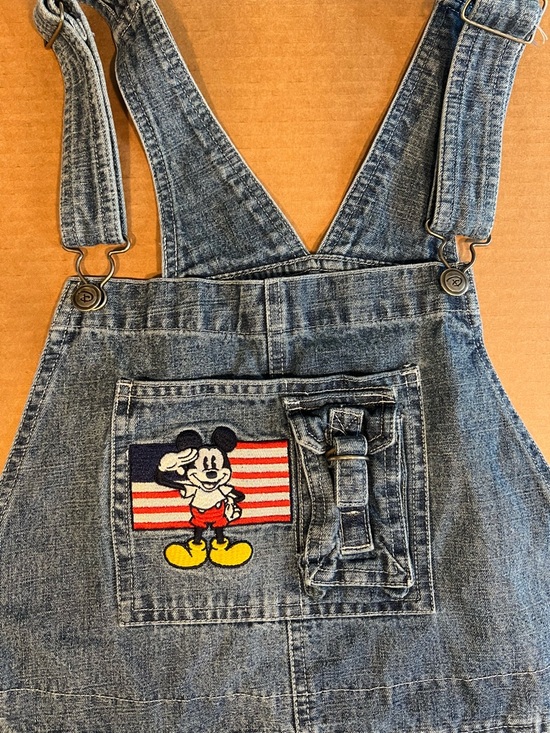 Vintage 90’s Disney Denim Mickey Mouse Overalls Jean Short USA Romper SZ Large - Picture 3 of 15